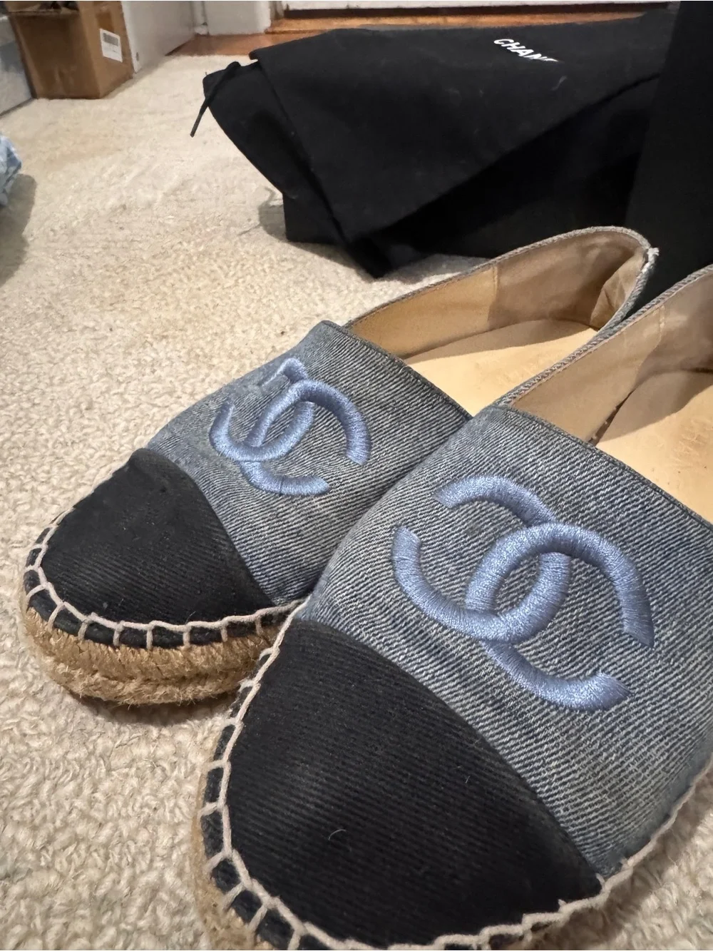 CHANEL Denim Espadrille Flats with Black Cap Toe and Blue CC Logo